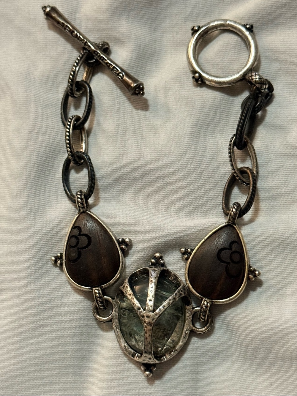 Lucky Brand Silver Tone Dual Side Floral Toggle Chain Bracelet, Signed, Metal